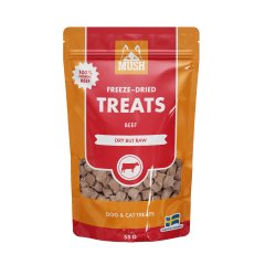 MUSH Freeze-Dried Treats nauta on pakastekuivattu lisäaineeton pohjoismaisista raaka-aineista tehty koiran ja kissan makupala.