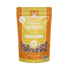 MUSH Freeze-Dried Treats kana on pakastekuivattu lisäaineeton pohjoismaisista raaka-aineista tehty koiran ja kissan makupala.