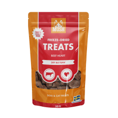 MUSH Freeze-Dried Treats Naudansydän on pakastekuivattu lisäaineeton pohjoismaisista raaka-aineista tehty koiran ja kissan makupala.