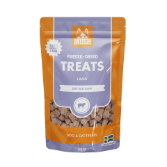 MUSH Freeze-Dried Treats Lammas on pakastekuivattu lisäaineeton pohjoismaisista raaka-aineista tehty koiran ja kissan makupala.