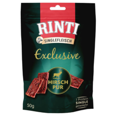 Rinti Exclusive Hirsch Pur hirvinami 50 g on on premiumlaatuinen koiranherkku, jossa on 94 % hirvenlihaa.